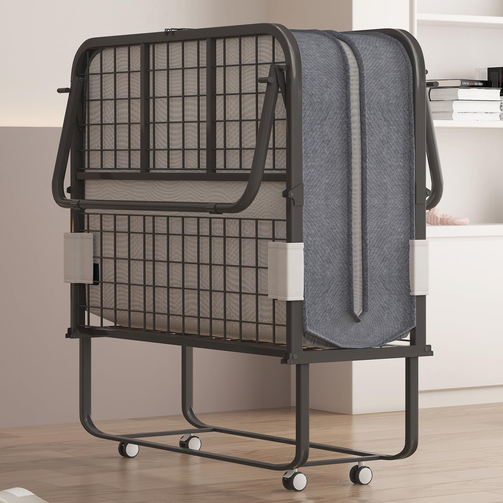 PUREMIND Folding Bed with 5 Inches Mattress, Portable Rollaway Guest Beds for Adults with Metal Frame & Swivel Wheels, Twin Size