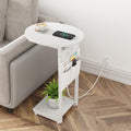 Vagusicc C Shaped End Table with Charging Station, Small Side Table for Couch, TV Tray Slide Under Sofa Table with Metal Frame f
