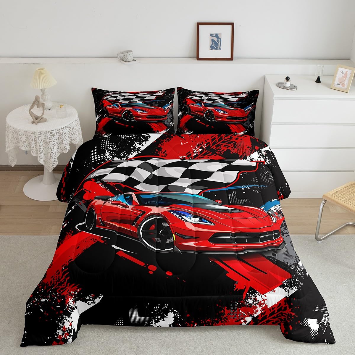 Car Bedding Set For Boys Cool Racing Sports Car Comforter Cover for Kids Children Extreme Sports Theme Comforter Modern Red Auto