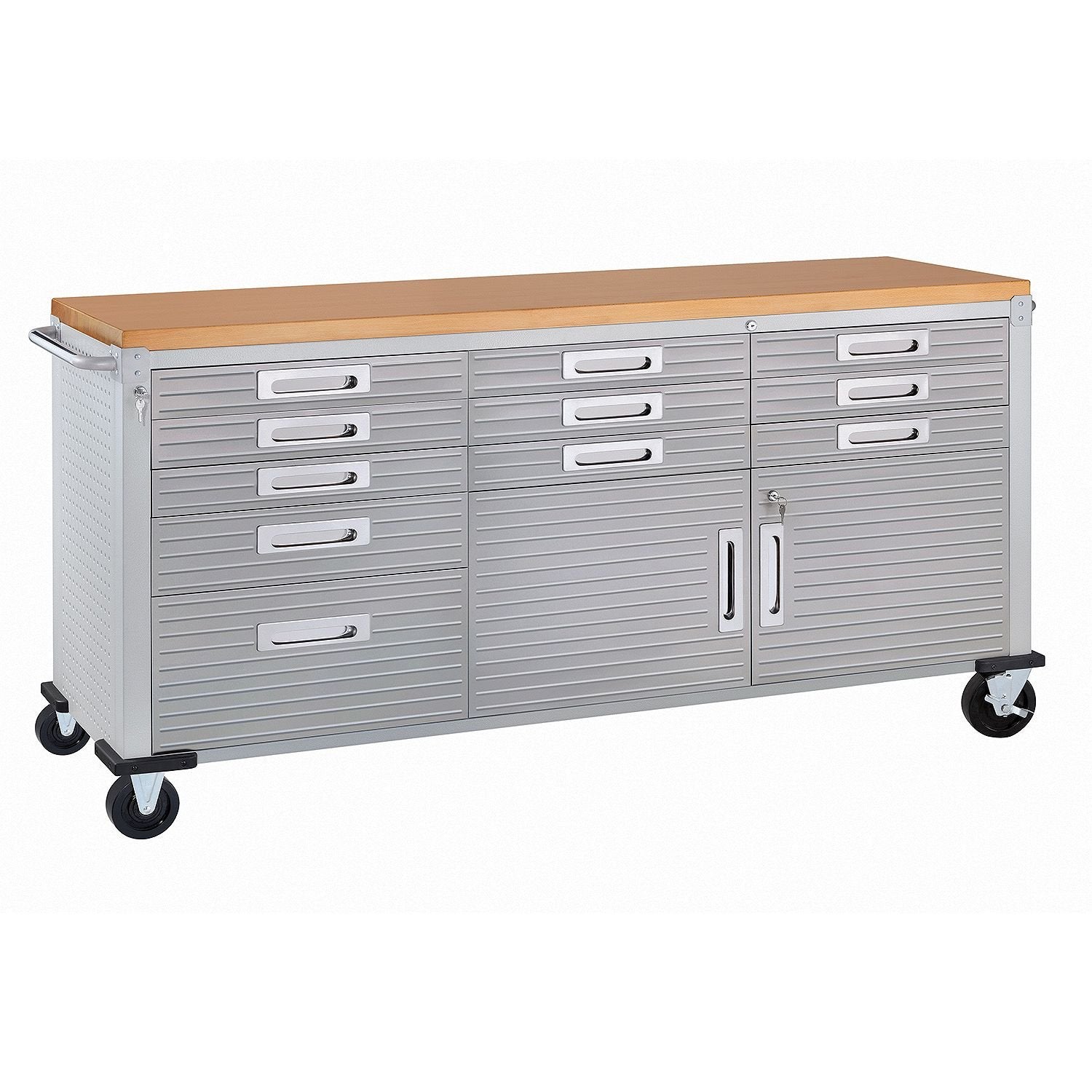 Seville Classics UltraHD Heavy Duty Rolling Cabinet Workbench Table w/Solid Wood Top, Workstation for Garage, Warehouse, Office,
