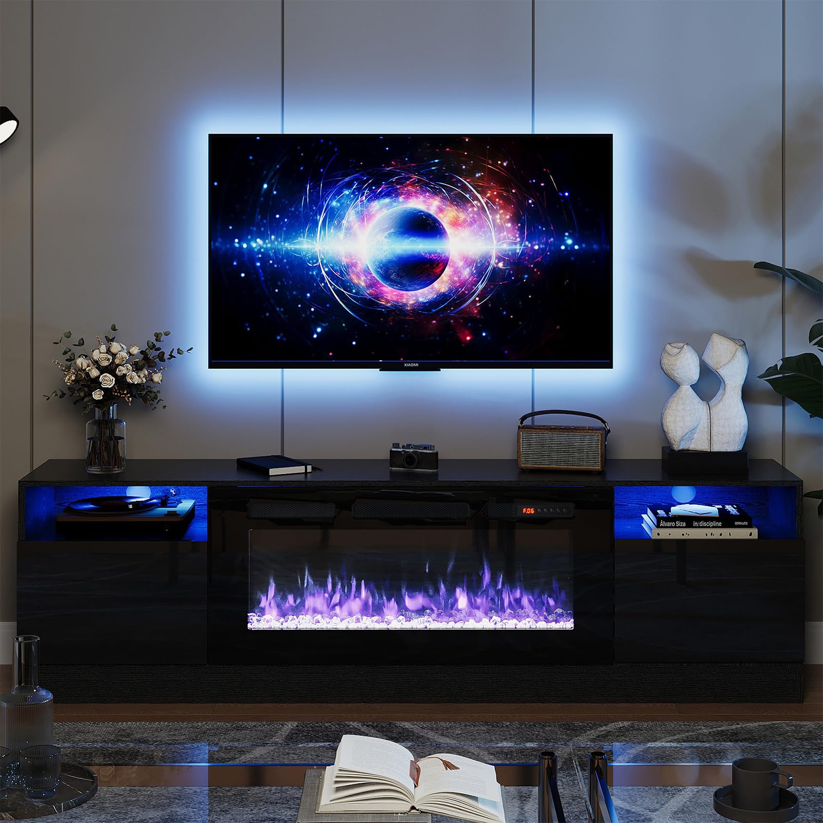 oneinmil Fireplace TV Stand with 36 Electric Fireplace, LED Light Entertainment Center, Modern Wood Texture Entertainment Stand 
