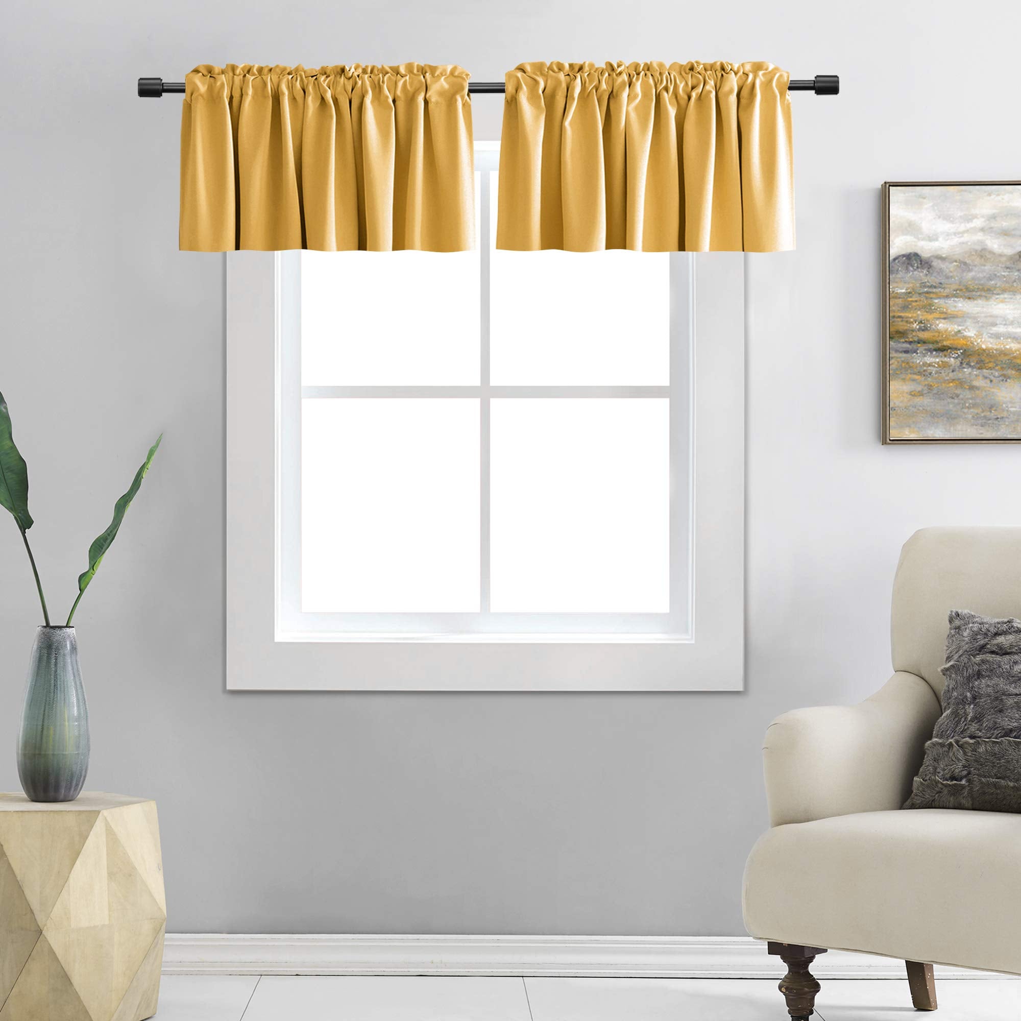 DONREN Gold Yellow Curtain Valances for Living Room - Blackout Rod Pocket Valances for Small Window (42 by 12 Inch,2 Panels)