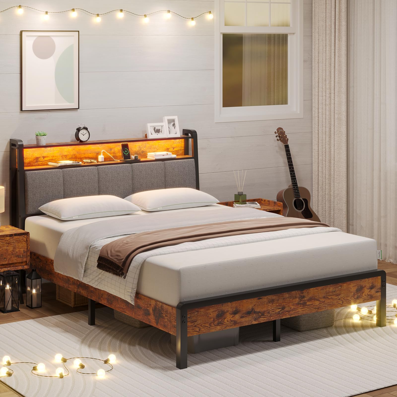 Novilla Full Size Bed Frame, Full Bed Frame Storage Headboard with Charging Station, Platform Metal Bed Frame with RGB Lights, H