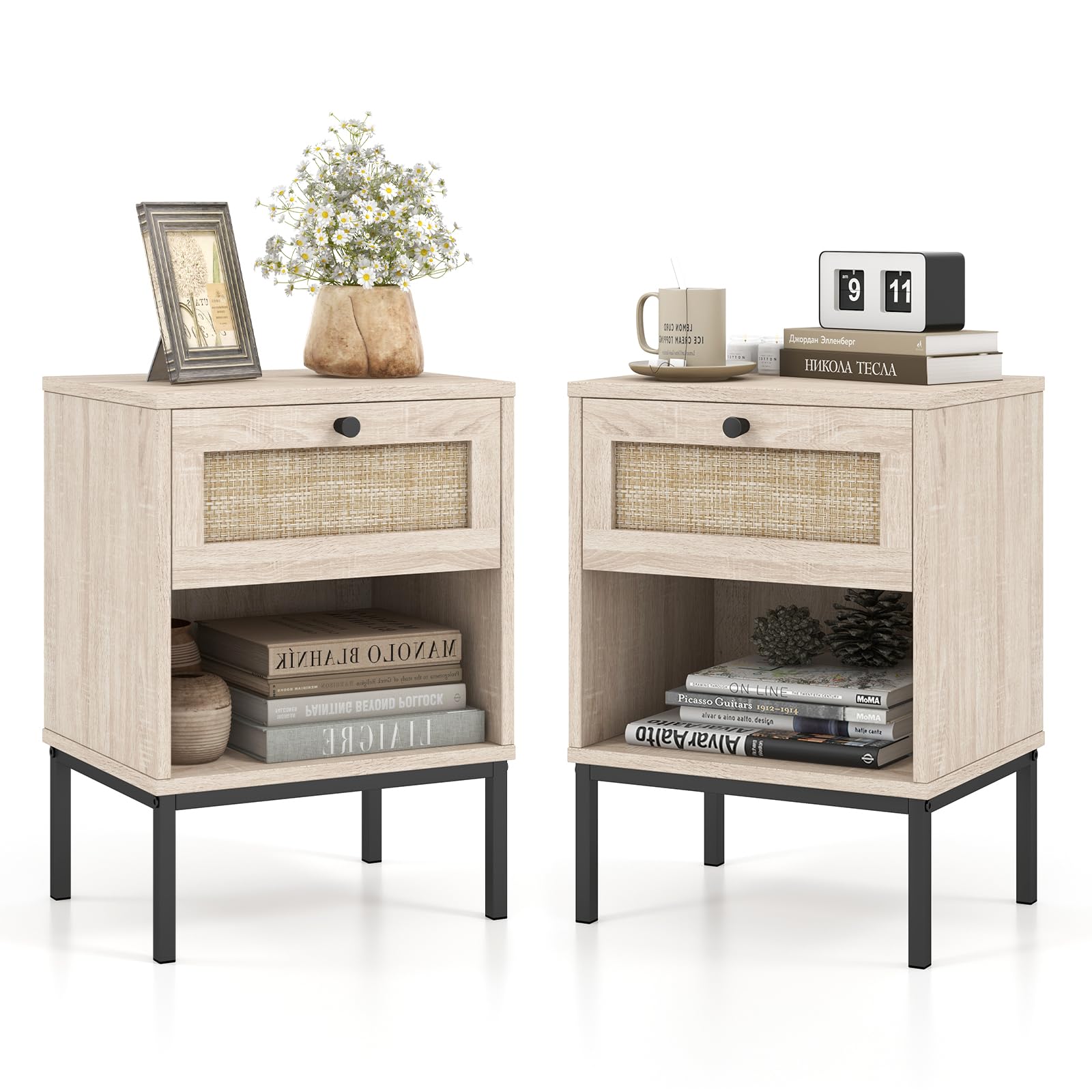 Giantex Rattan Nightstands with Drawer Set of 2, Boho Side Tables with 4 Metal Legs and Open Storage Shelf, Farmhouse Night Stan