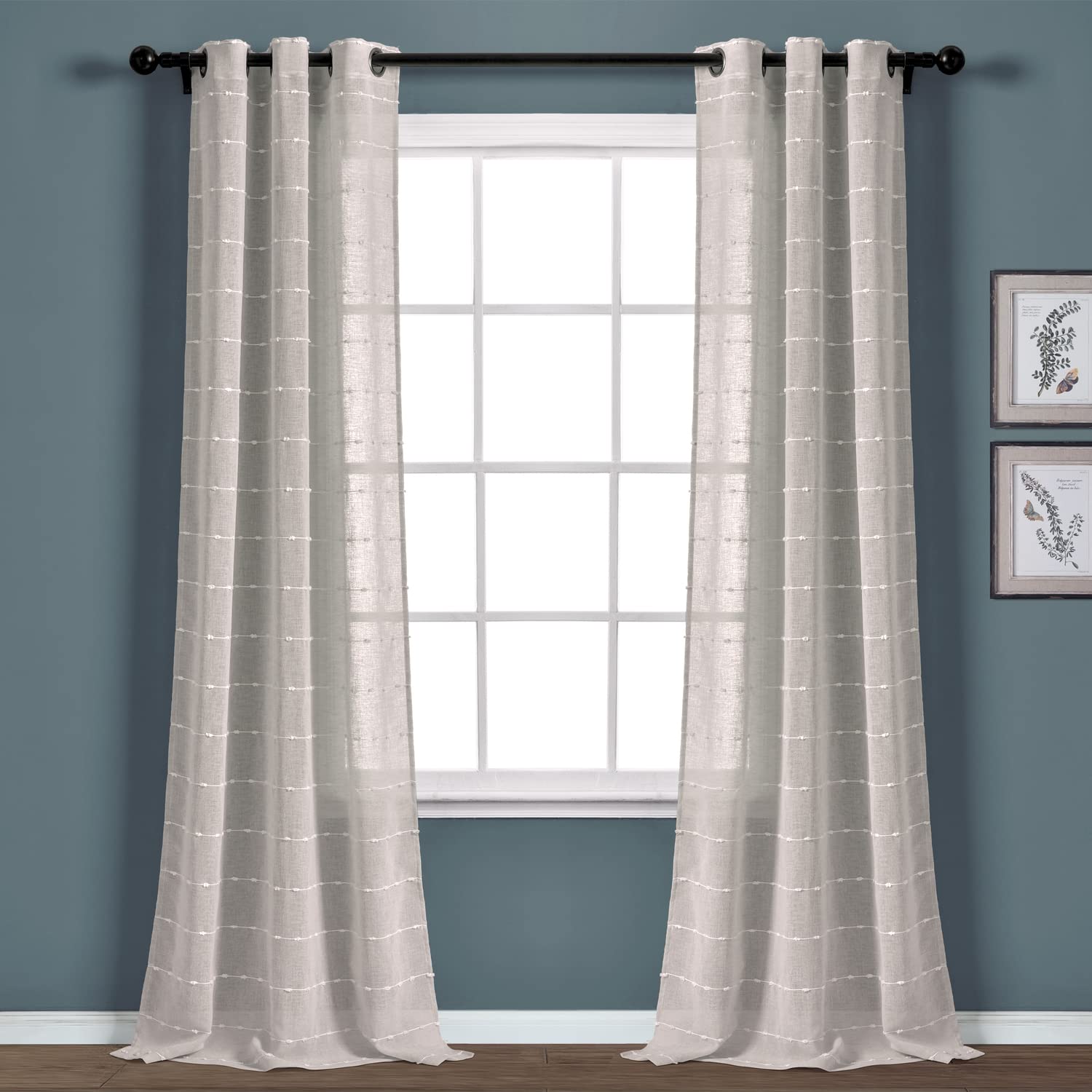 Lush Decor Farmhouse Textured Grommet Sheer Window Curtain Panel Pair, 38W x 108L, Gray