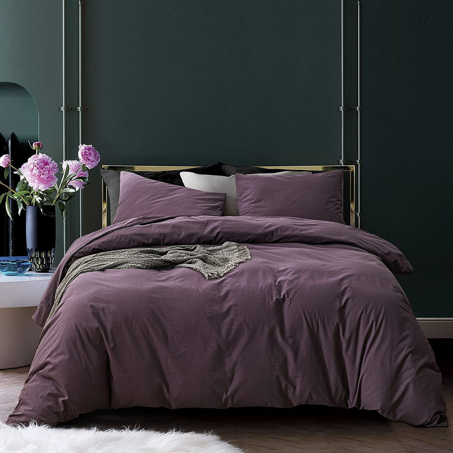 ECOCOTT Purple Duvet Cover California King Size - 100% Washed Cotton Durable Soft Comfy Duvet Cover Set, 3 Pieces Duvet Cover wi