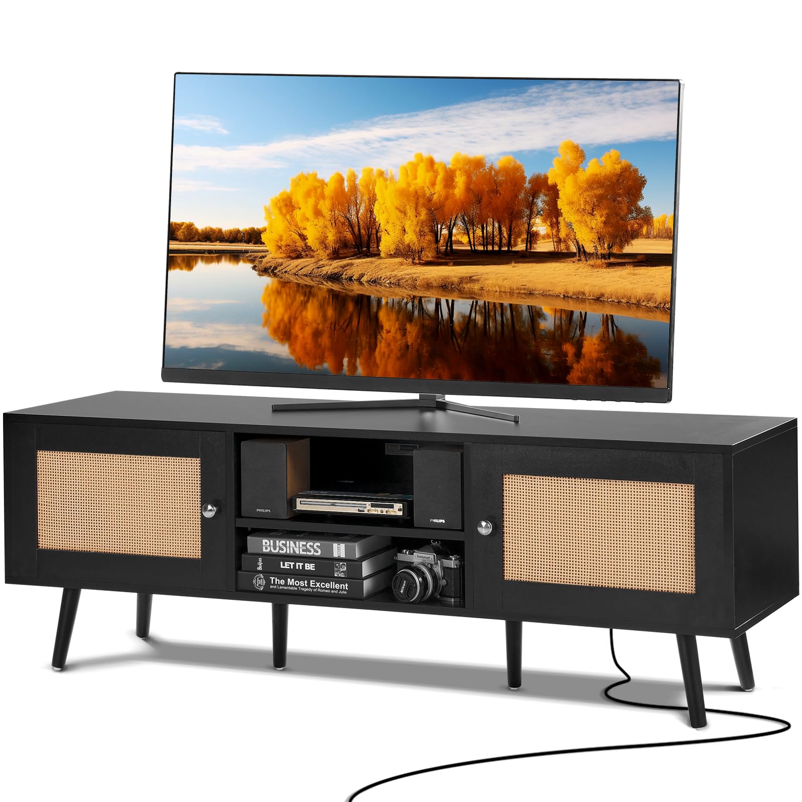 VEVOR Rattan TV Stand for 65 inch TV, Boho TV Stand with Rattan Door, Entertainment Center with Build-in Socket and USB Ports, M