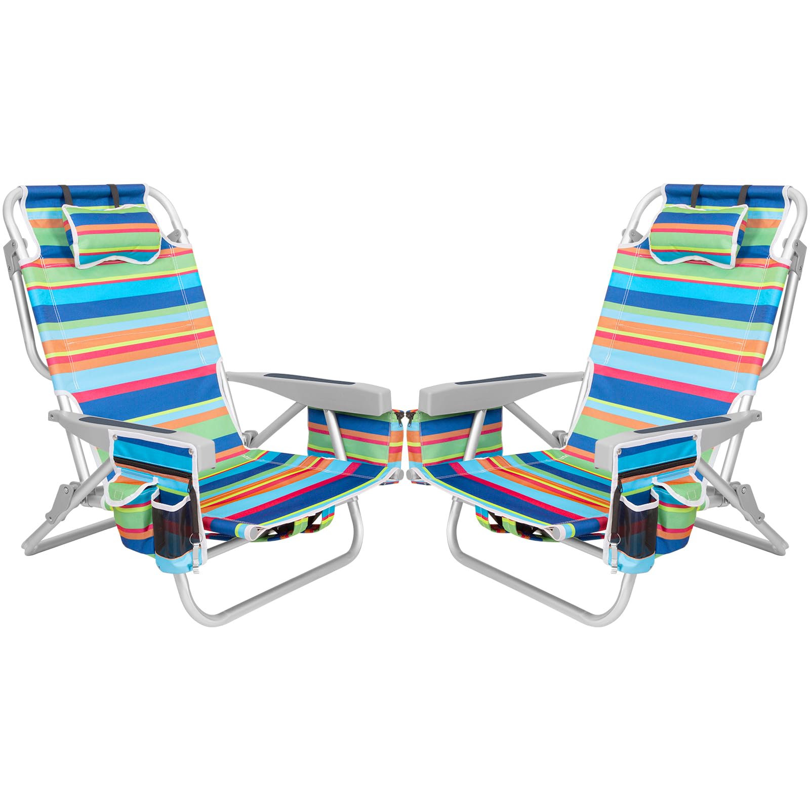2Pk Aluminum 5-Position Lay Flat Folding Backpack Beach Chairs for Adults with Cooler Bag, Cup&Phone Holder, Towel Bar for Outdo
