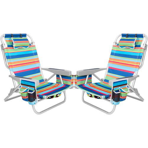 2Pk Aluminum 5-Position Lay Flat Folding Backpack Beach Chairs for Adults with Cooler Bag, Cup&Phone Holder, Towel Bar for Outdo