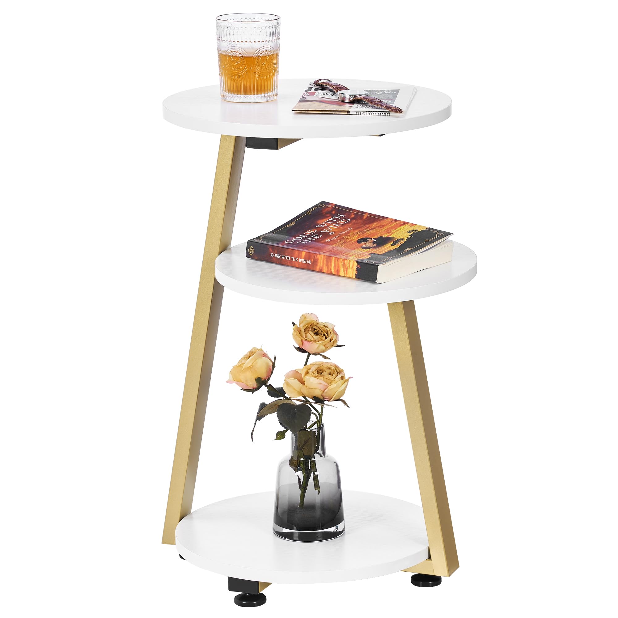 BEWISHOME Round End Table Side Table with Metal Frame, Accent Bedside Table Nightstand with 3-Tier Shelves, Small Table for Livi