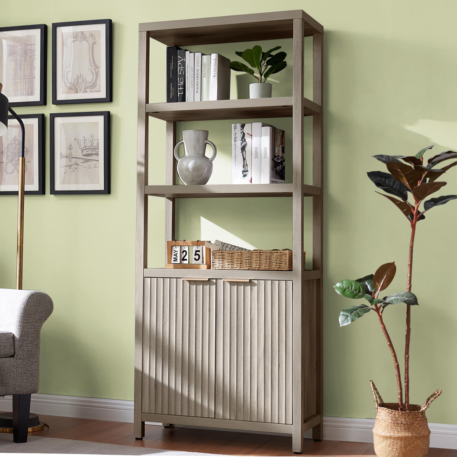5 Tier Bookshelf with Storage, 70  Tall Bookshelf with Doors Cabinet, Fluted Wood Bookshelf, Large Farmhouse Bookcases for Livin