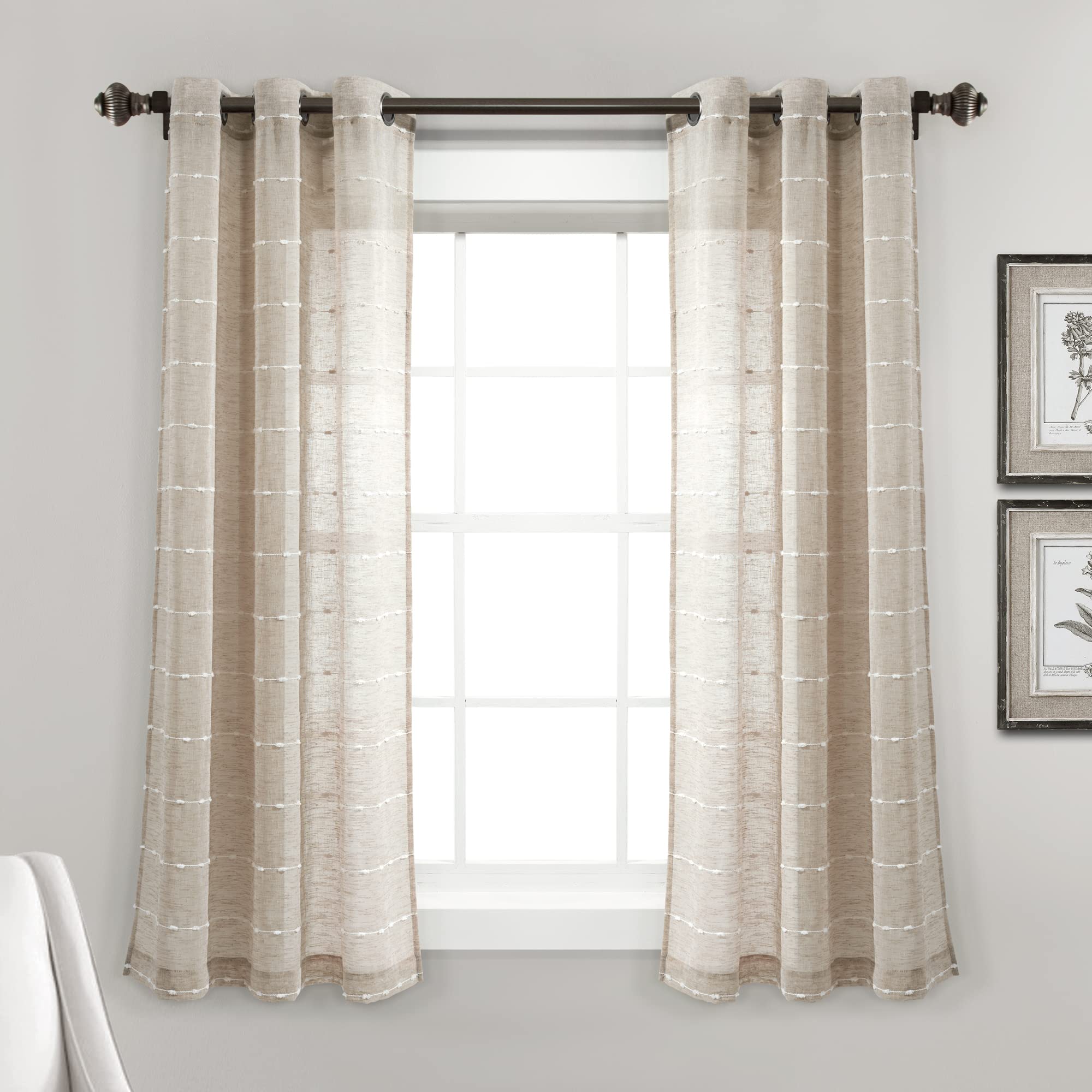 Lush Decor Farmhouse Textured Grommet Sheer Window Curtain Panel Pair, 38W x 63L, Neutral