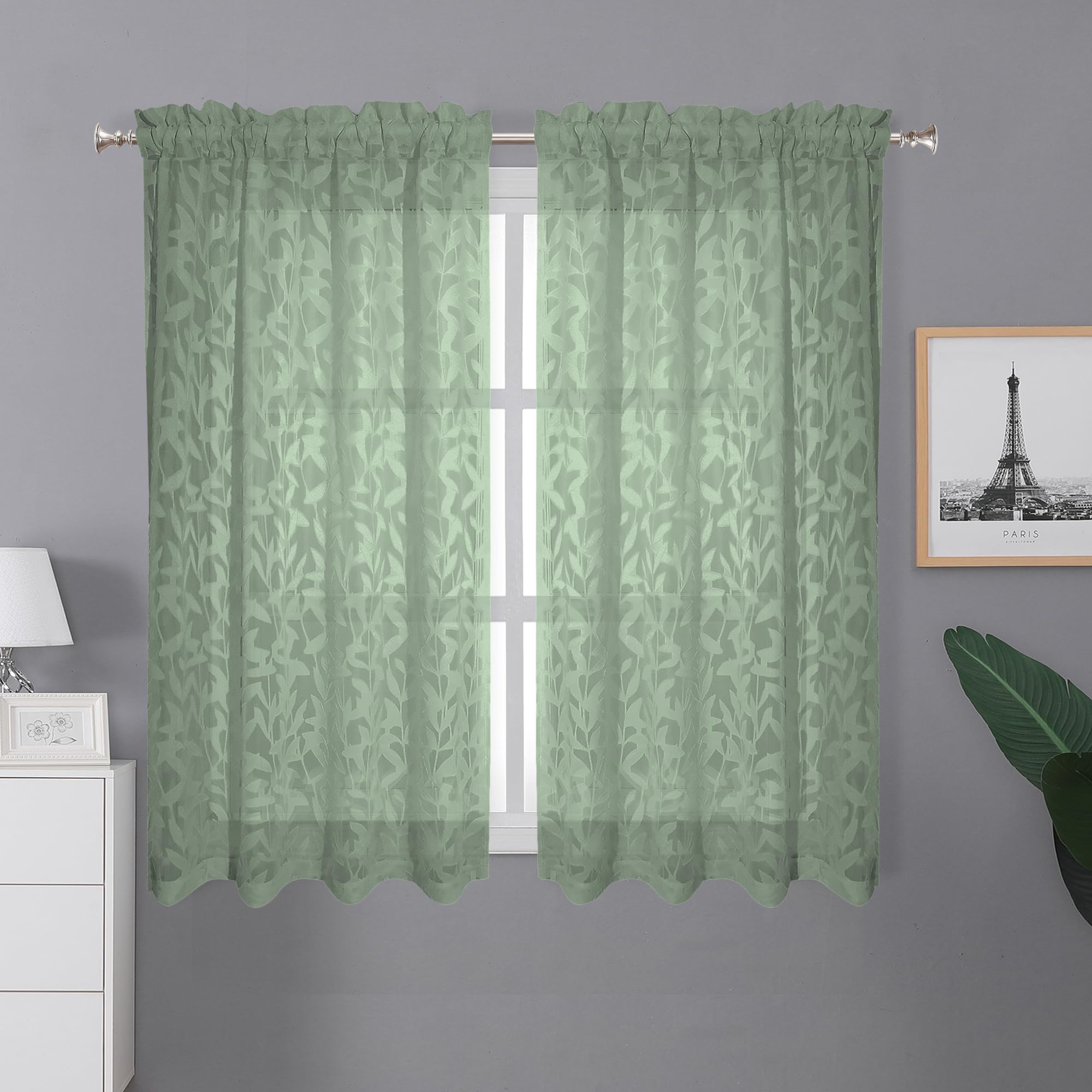 Lecloud Leia 2 Panels Semi Sage Green Sheer Curtains 45 Inch Length, Light Reducing Jacquard Clip Small Window Curtain Bedroom/L
