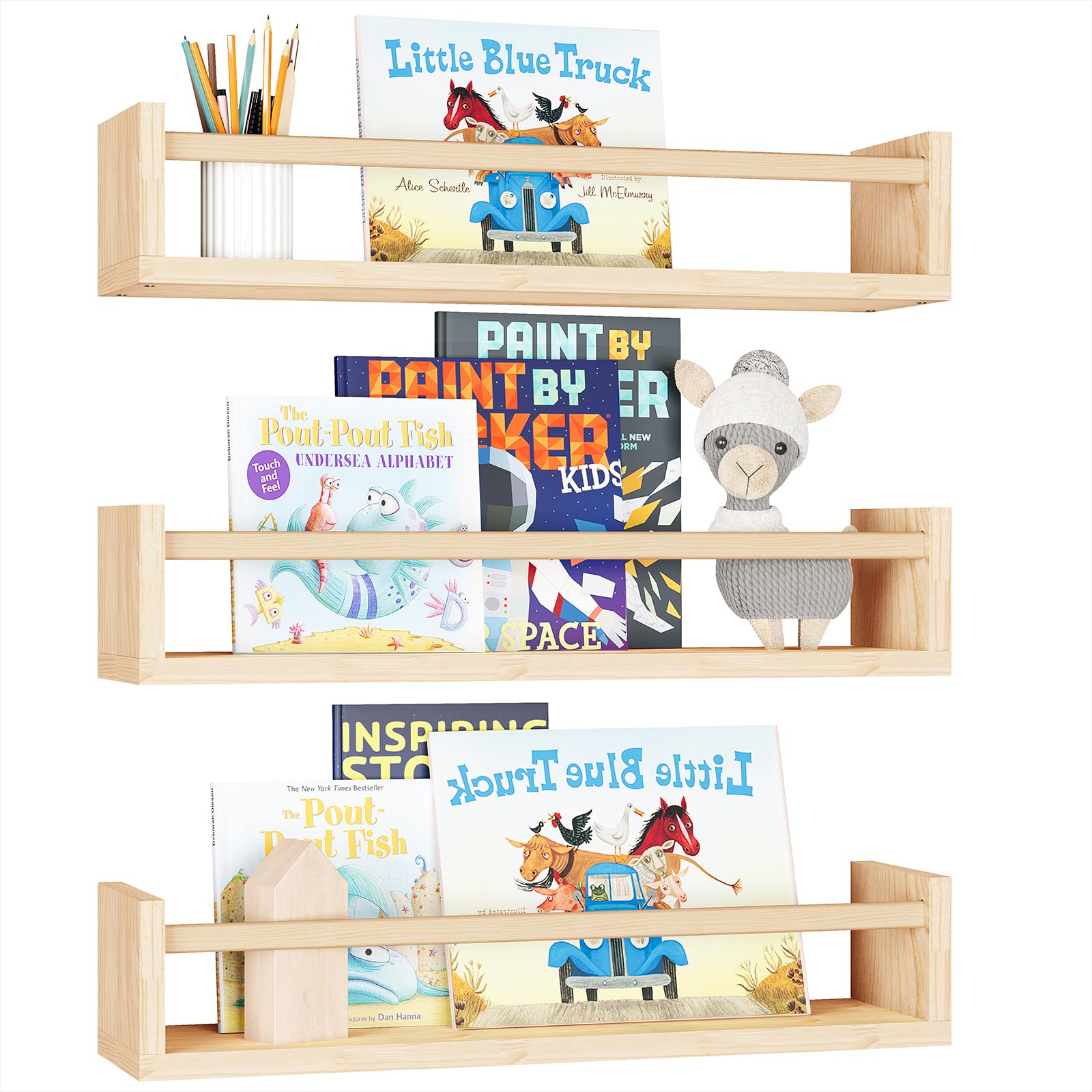Fixwal Nursery Shelves, 16.5 Inch Floating Bookshelves for Wall Set of 3, Baby Nursery Decor, Solid Wood Wall Mounted Shelves fo