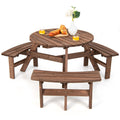 Tangkula 6 Person Wood Picnic Table, Outdoor Round Picnic Table with 3 Built-in Benches, Umbrella Hole, Outside Table and Bench 