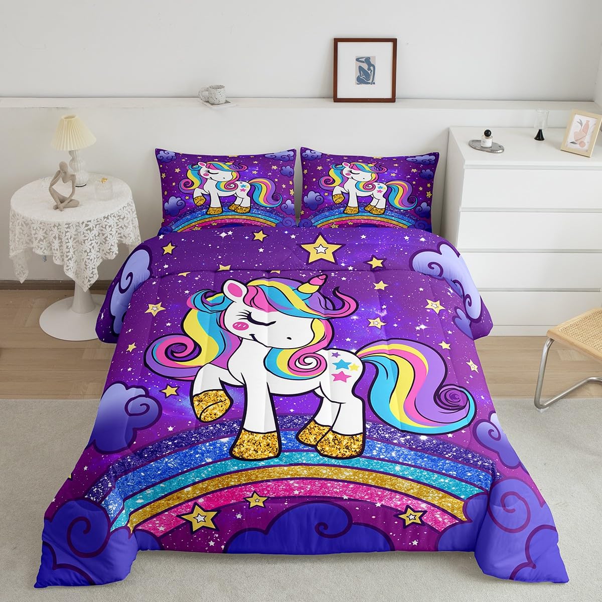 Feelyou Unicorn Bedding Set for Kids Girls Full Size Girls Cute Unicorn Comforter Set Ultra Soft Star Print Comforter Unicorn Gl