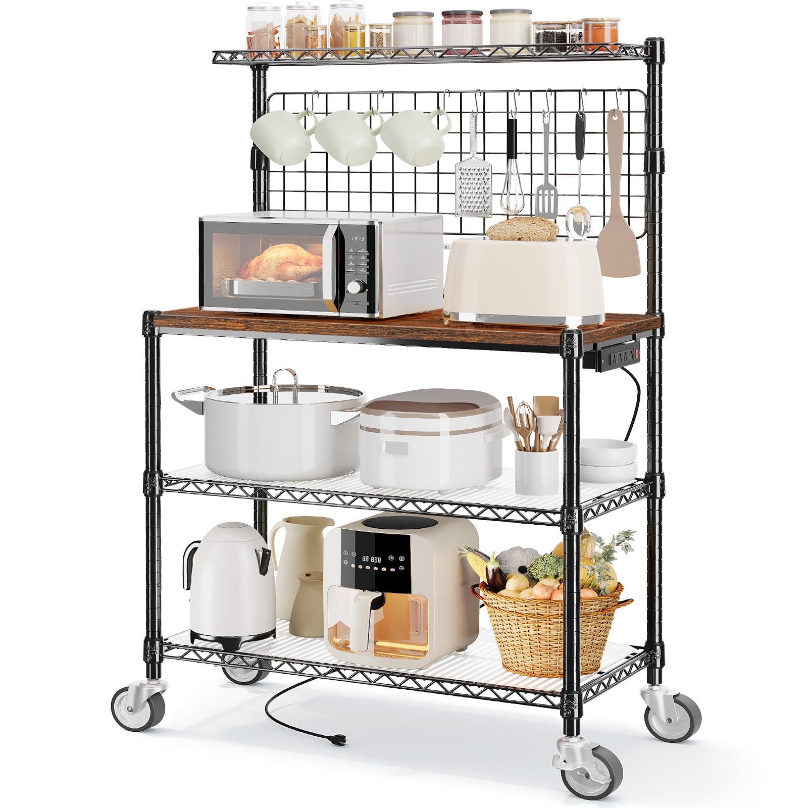 Leteuke Bakers Rack with Power Outlet & Storage, 36 Inch Microwave Stand Kitchen Cart, 4-Tier Metal Kitchen Shelves Cart with Wh