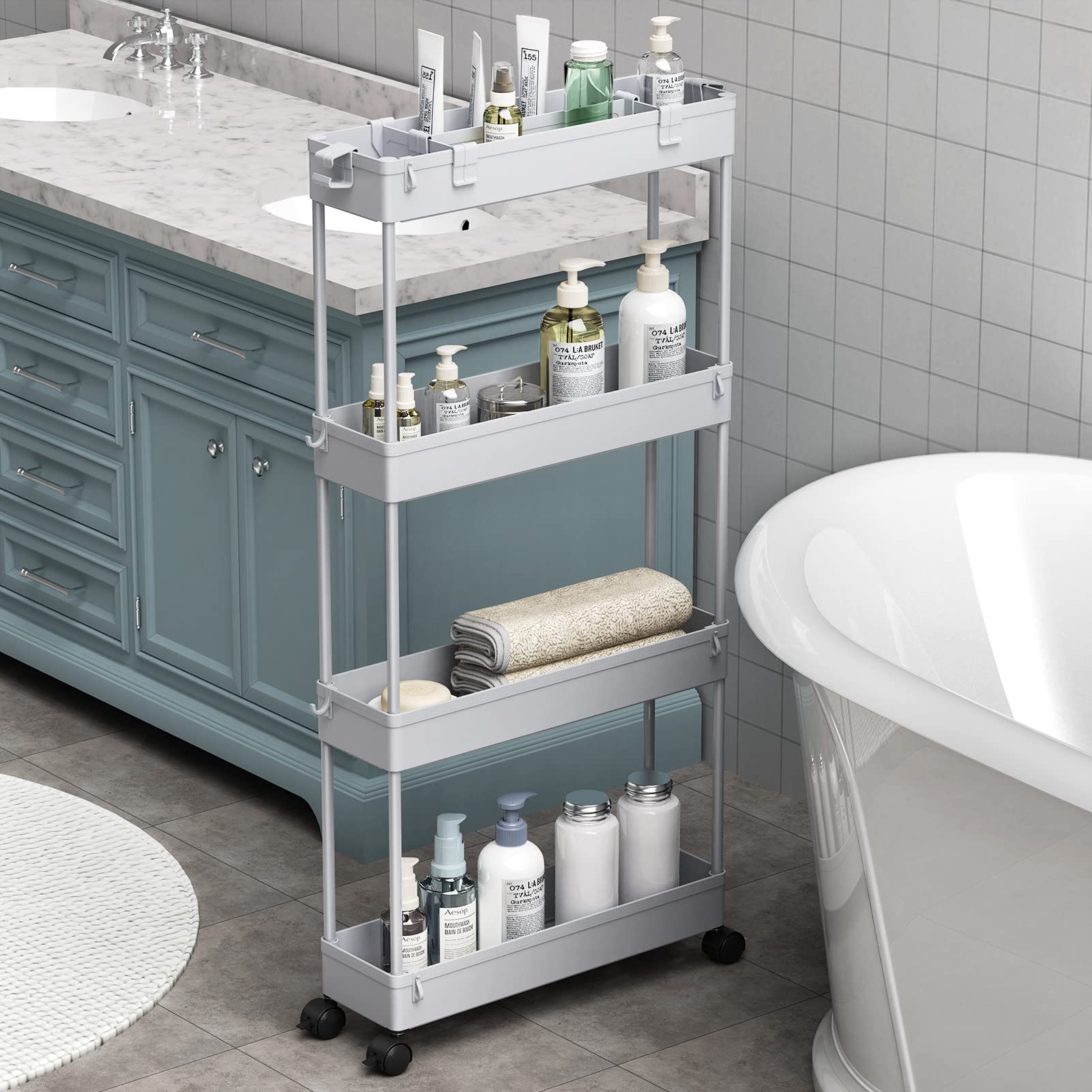 SPACELEAD Slim Storage Cart 4 Tier,Bathroom Storage Organizer Rolling Utility Cart, Mobile Shelving Unit Slide Out Storage Cart 
