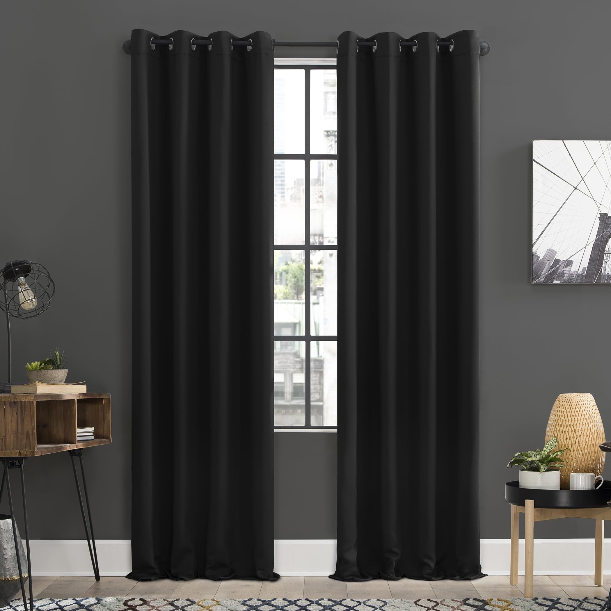 Sun Zero Soho 2-pack Blackout Energy Efficient Grommet Curtain Panel Pair, 54 x 84, Black