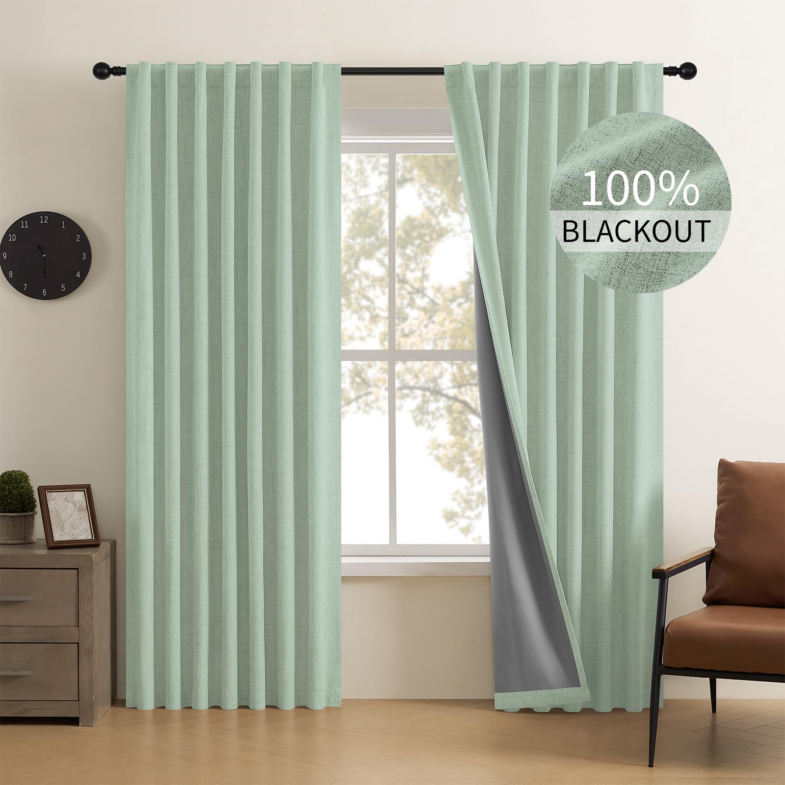 CUCRAF 100% Blackout Back Tab and Rod Pocket Curtains 72 Inch Length 2 Panels Set, Sage Green Linen Curtain for Living Room Bedr