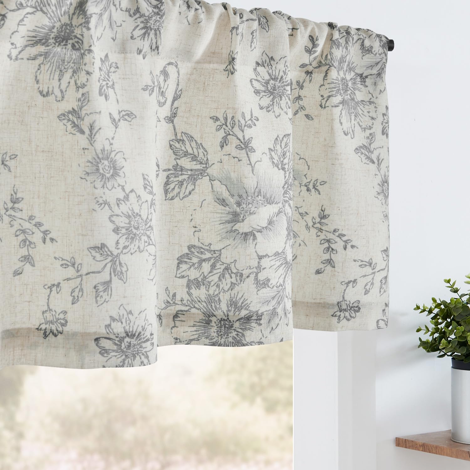 jinchan Linen Kitchen Valance with Lined Gray Floral Valance Curtain 16 Inch Farmhouse Red Peony Flower Printed Curtain for Wind