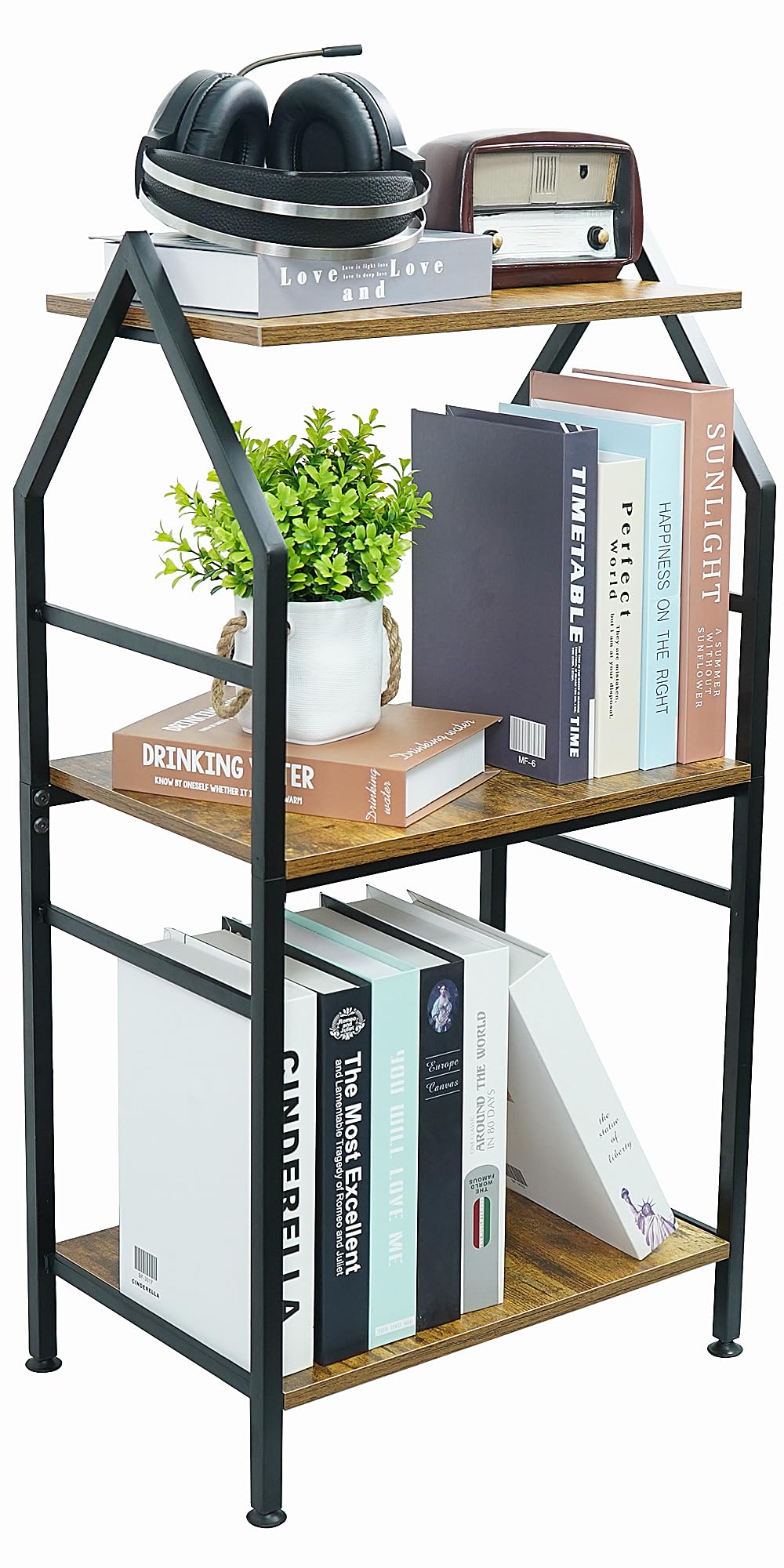 Bookshelf, 3 Tier Industrial Small Bookcase, Metal Narrow Book Shelf, Book Case Book Storage Organizer for Living Room, Bedroom,