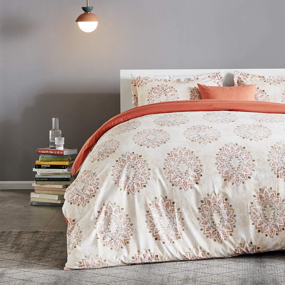 SLEEP ZONE Bedding Duvet Cover Sets Printed Damask Pattern 120gsm Ultra Soft Zipper Closure Corner TiesDamask Beige,King (104 X 