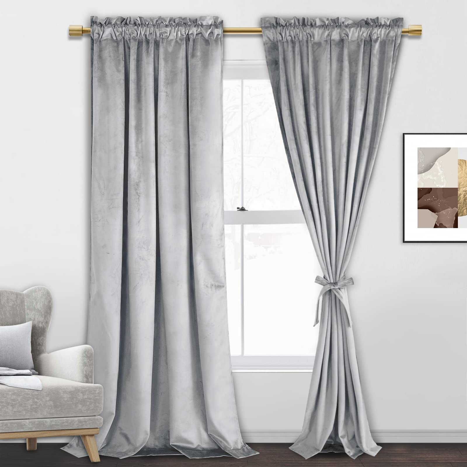JIUZHEN Velvet Curtains Silver Grey Blackout Curtains Thermal Insulated & Noise Reducing Rod Pocket Window Drapes for Living Roo