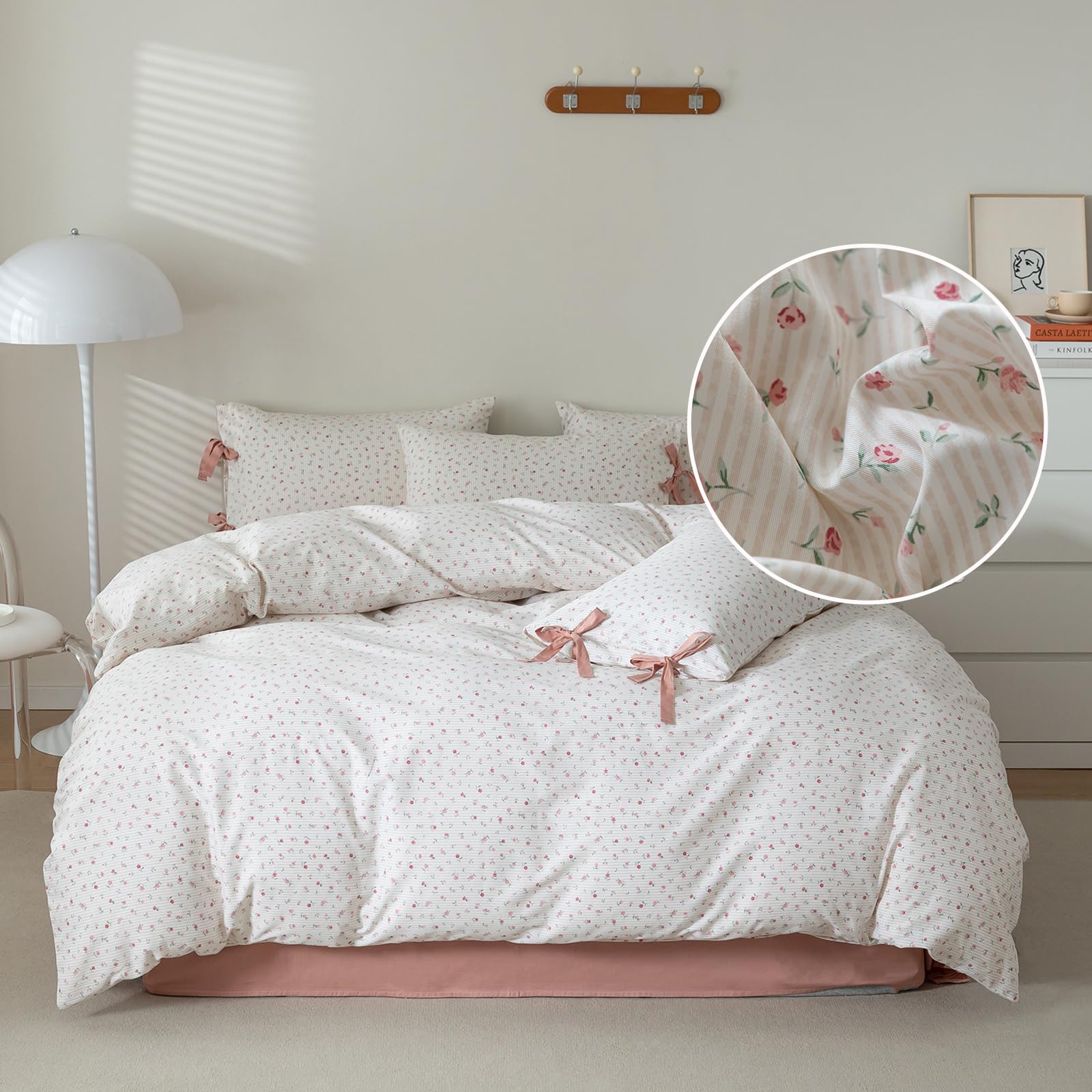 White Duvet Cover Twin Garden Style Pink Flower Duvet Cover 100% Cotton Floral Comforter Cover 1 Twin Duvet Cover with 2 Bow Tie