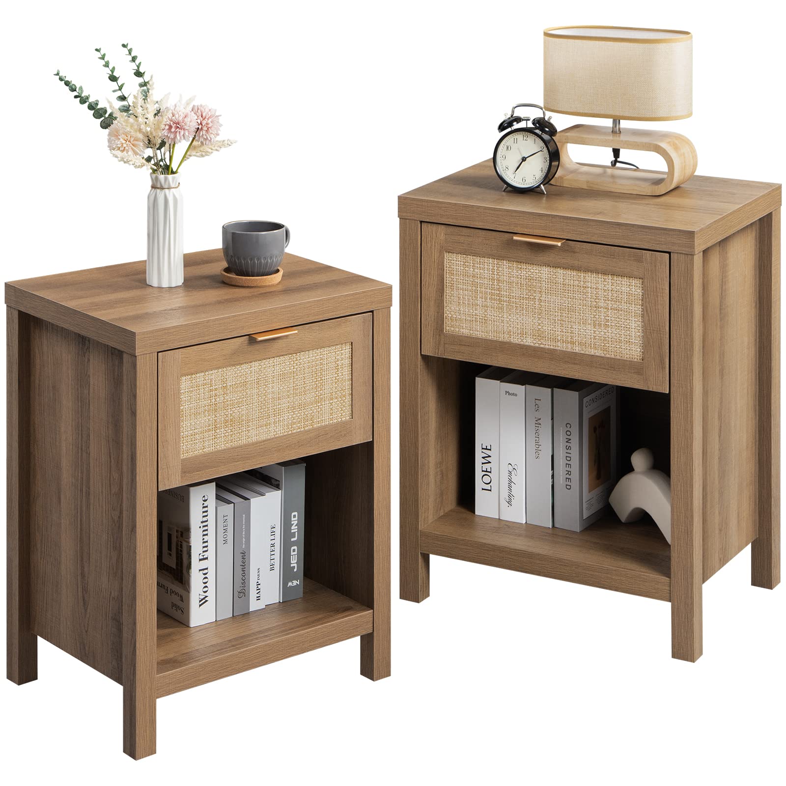 SICOTAS Rattan Nightstand Set of 2 - Farmhouse Night Stand with Drawer and Storage Shelf - Boho Bedside Table End Table Side Tab