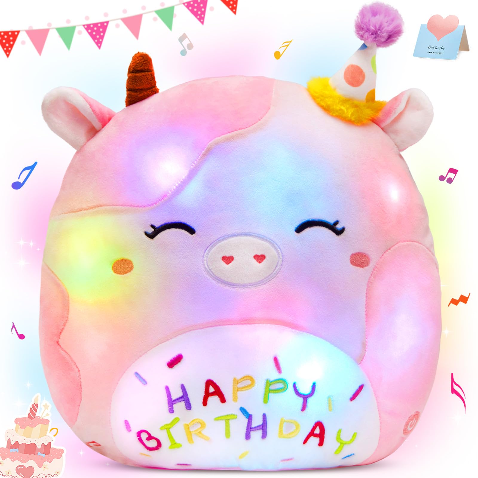CozyWorld Light up Musical Happy Birthday Cow Plush Pillow,LED Stuffed Animals,Pink Cow Glowing Singing Plush Toy,Cute Plushie D