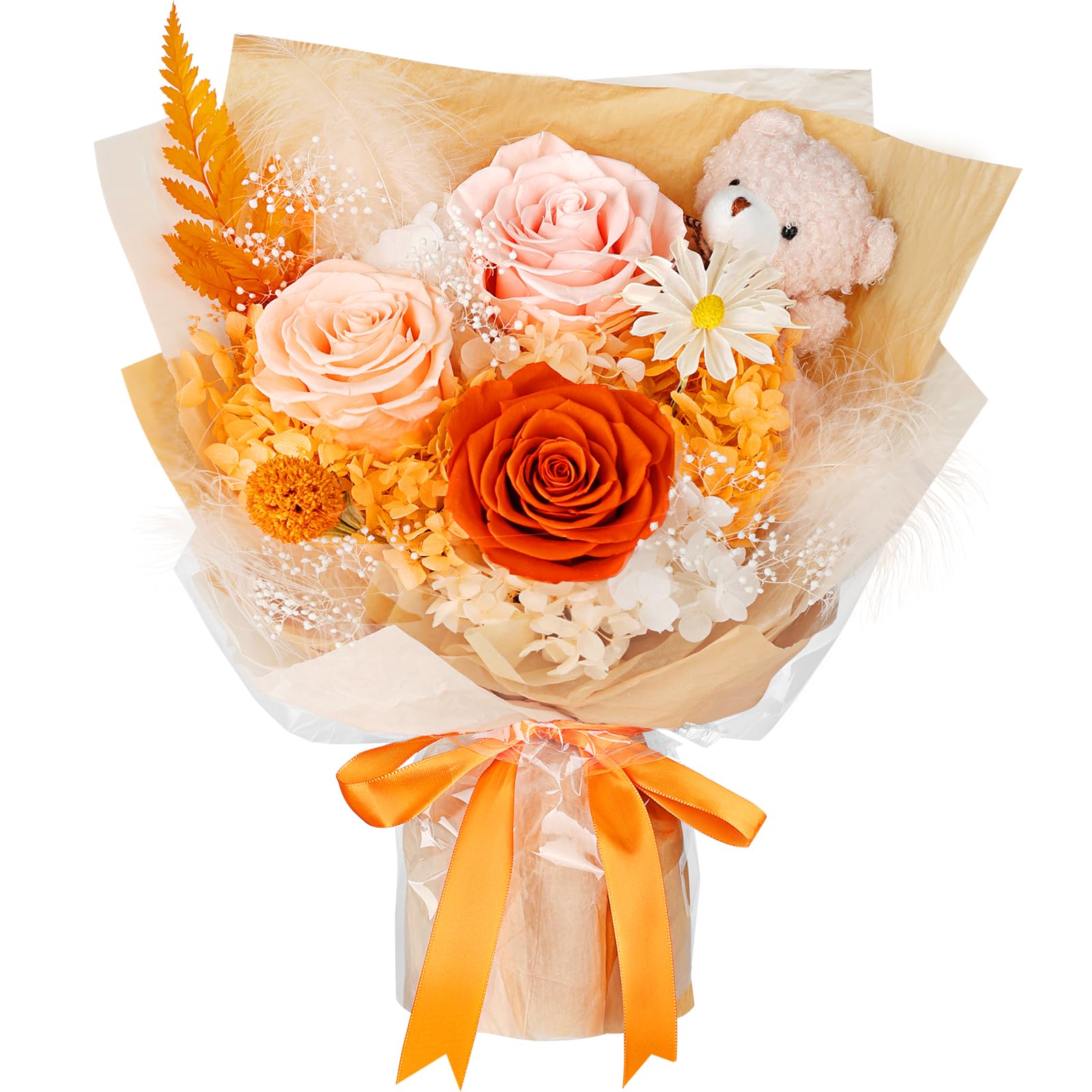 Preserved Flowers Bouquet with Bear, 3 Real Forever Flowers for Delivery, Long-Lasting Orange Eteranl Roses Bouquet Birthday Gif