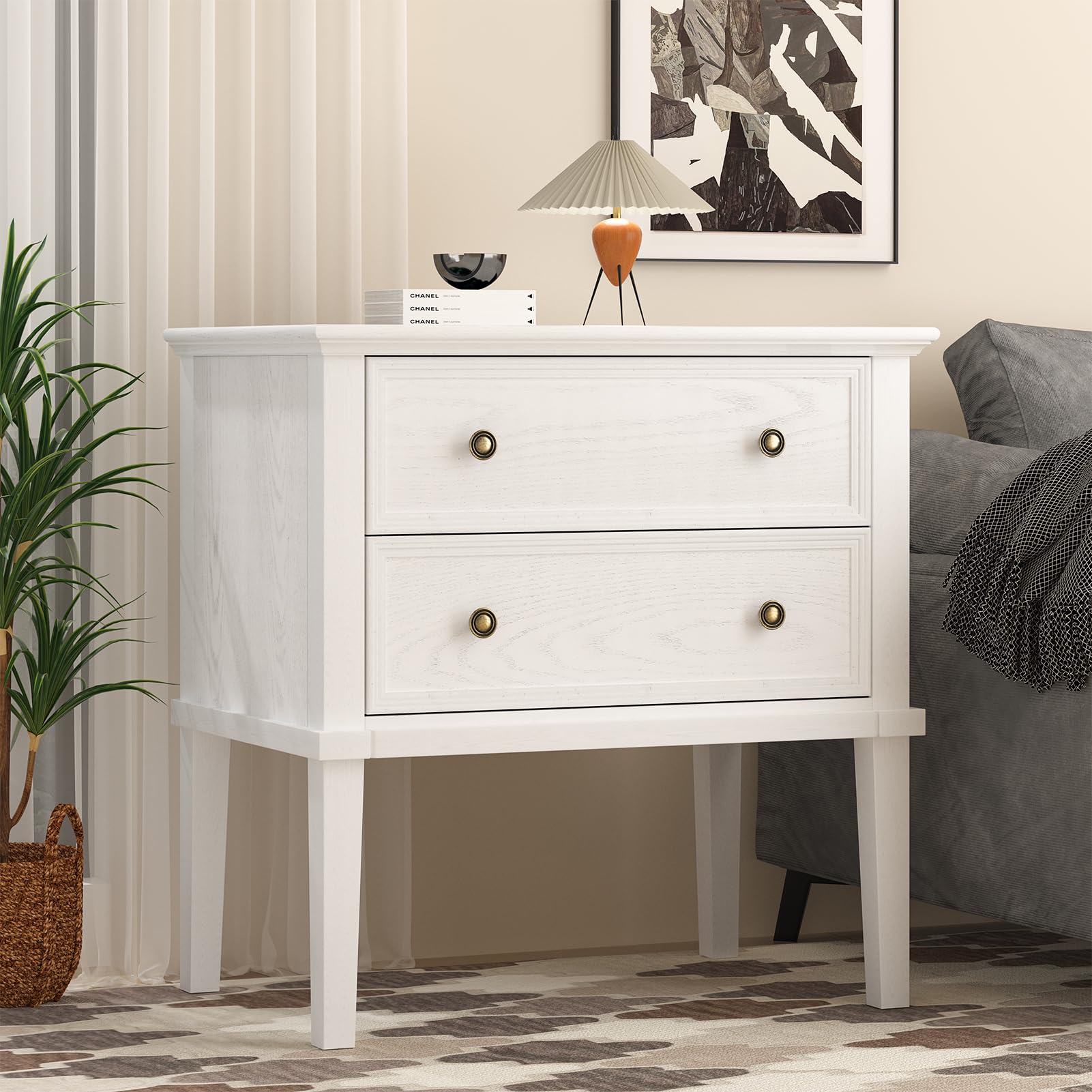 IKENO Solid Wood Nightstand with 2 Drawers, Practical Bed Side Table/Night Stand, End Table with 2 Drawers for Bedroom or Living