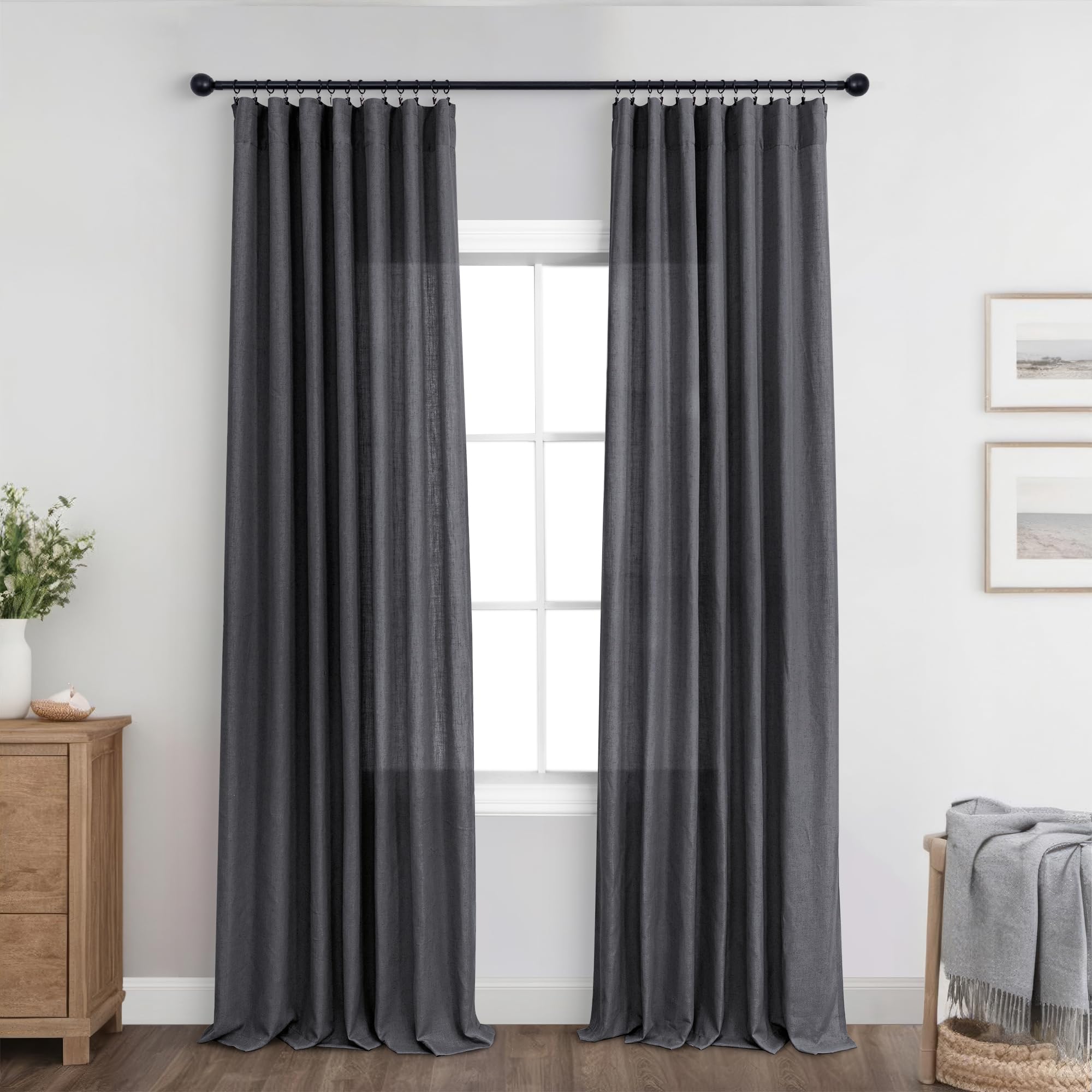 Charcoal Grey Curtains 108 Inches Long for Living Room Patio Large Window 2 Panels Set Rod Pocket Extra Long Privacy Flax Linen 