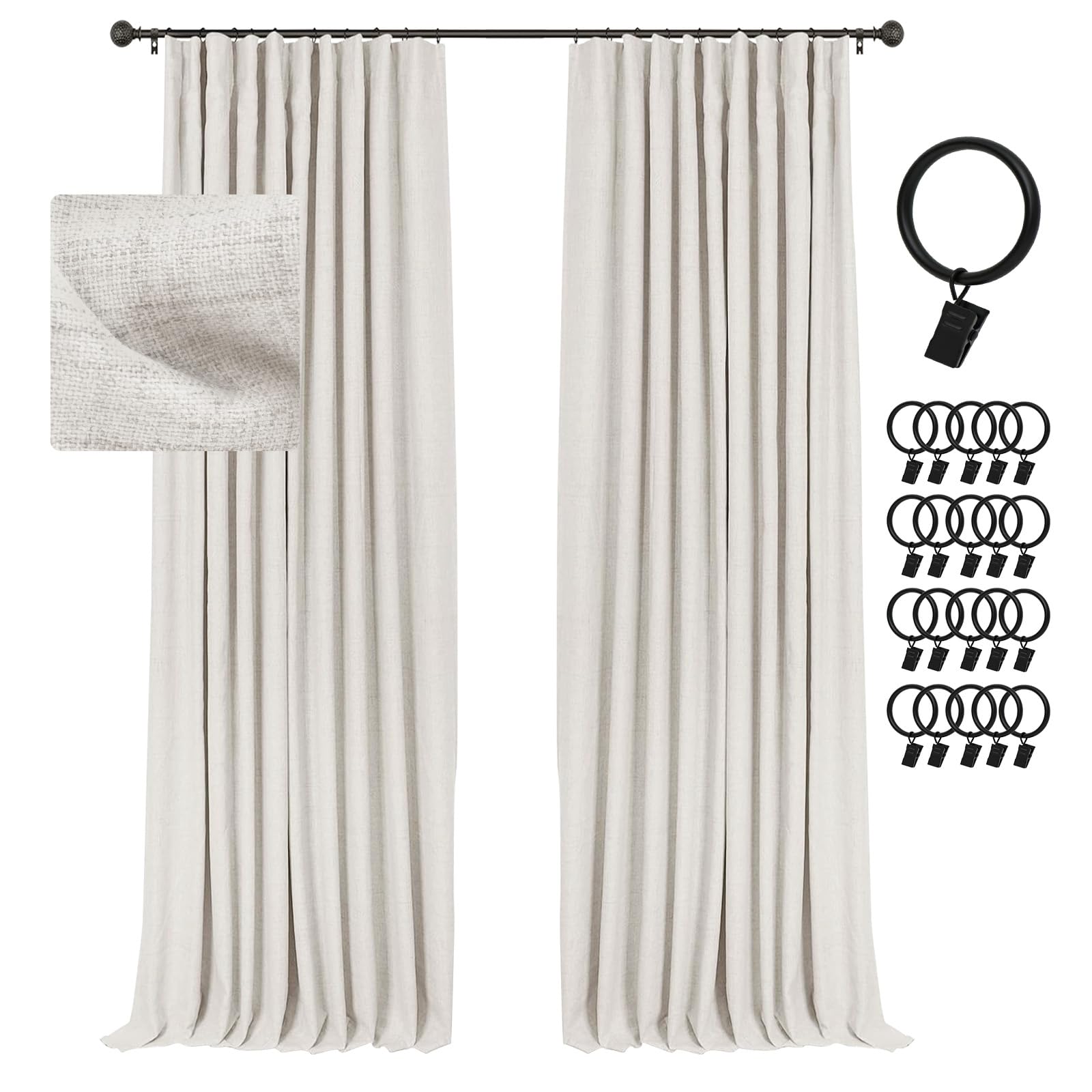 INOVADAY 100% Blackout Curtains for Bedroom 84 Inches Long, Clip Rings/Rod Pocket Linen Black Out Cute Curtains 2 Panels Set The