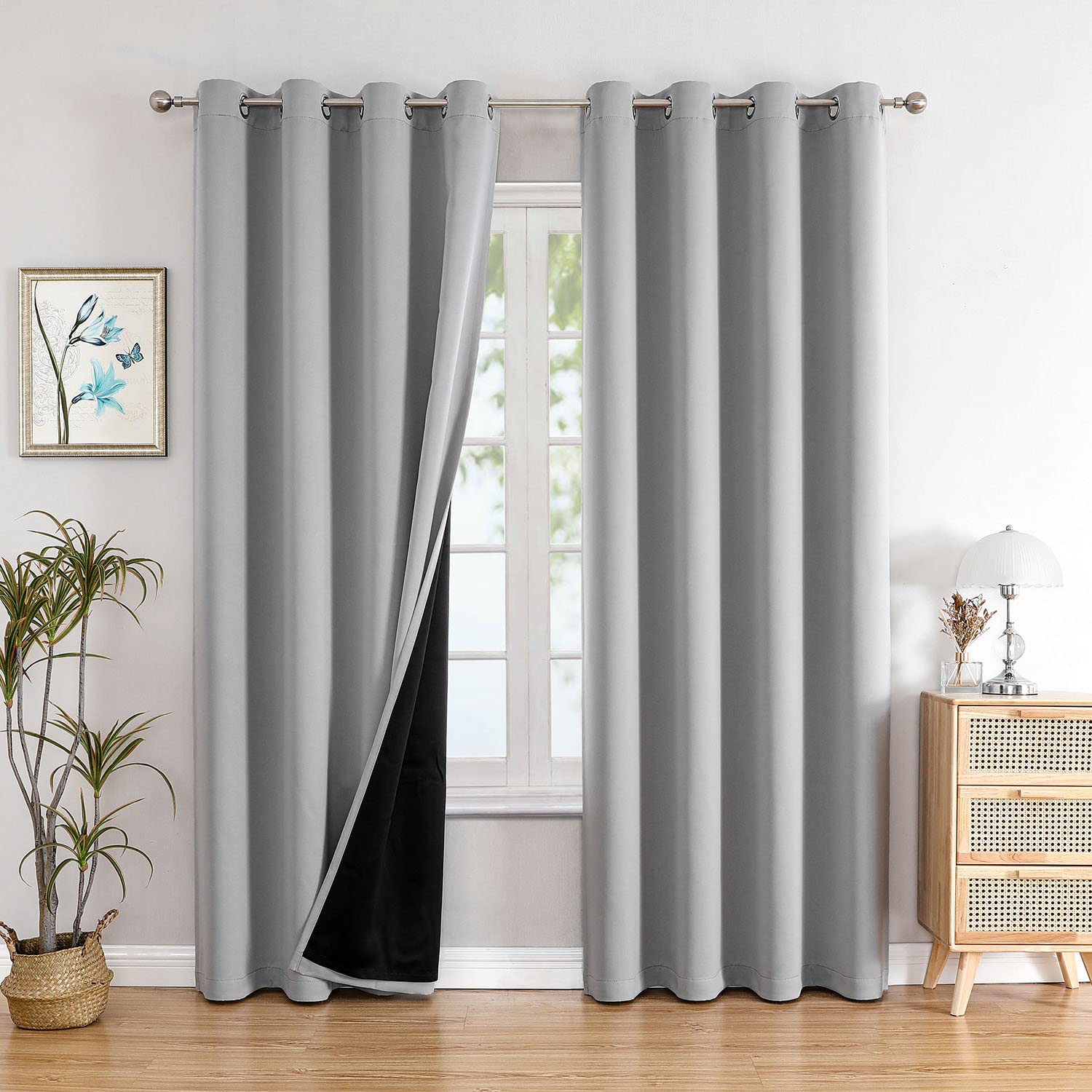 ChrisDowa 100% Blackout Curtains for Bedroom with Black Liner, 2 Thick Layers Total Blackout Thermal Insulated Grommet Long Wind
