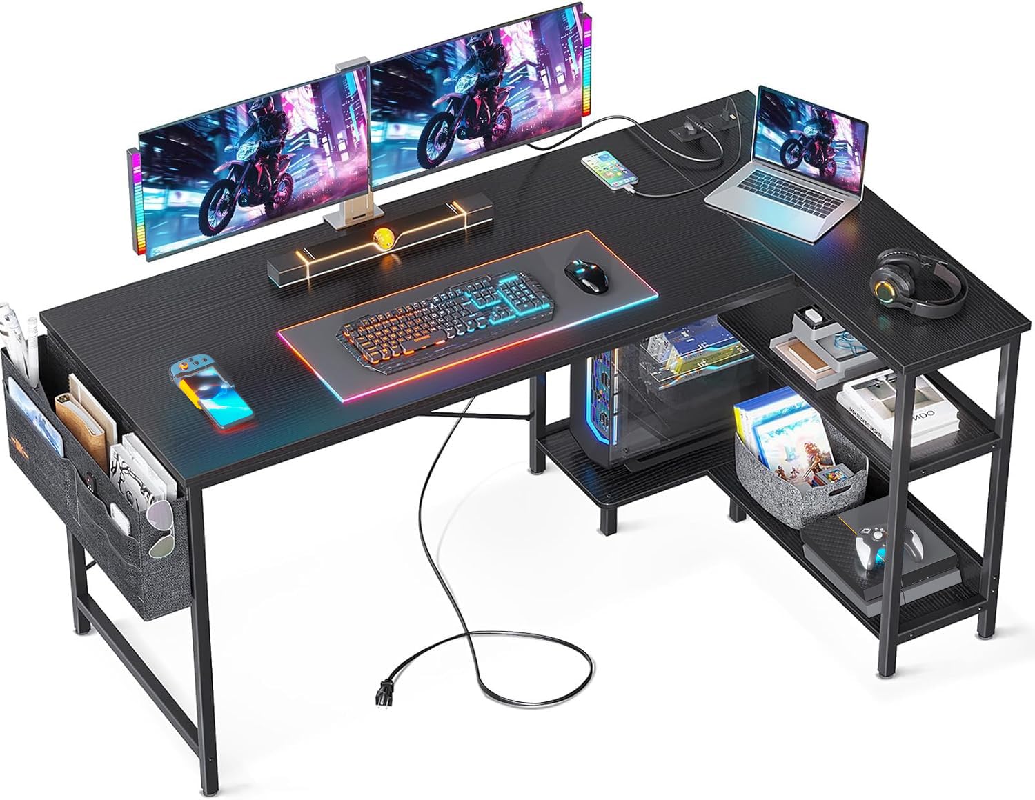 ODK 55 Inch Small L Shaped Computer Desk with Power Outlets, Corner Desk with PC Stand & Reversible Storage Shelves for Small Sp