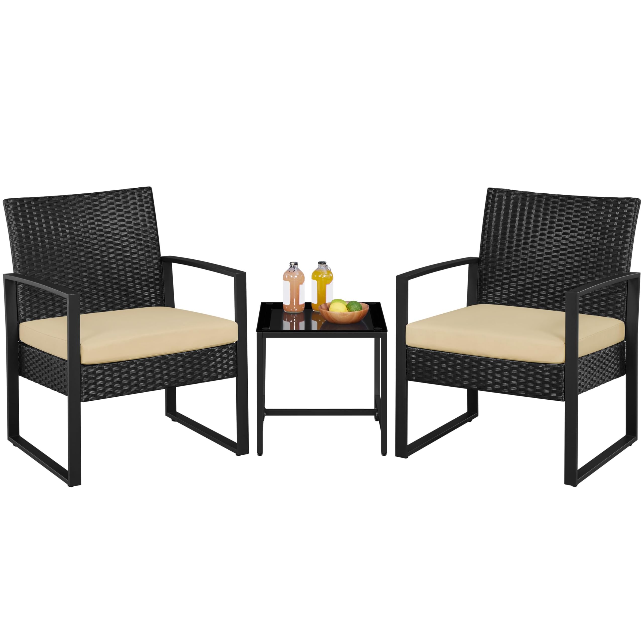 Yaheetech 3 Pieces Rattan Bistro Set, Indoor/Outdoor Wicker Patio Modern Conversation Furniture, 2 Chairs & Tempered Glass Coffe