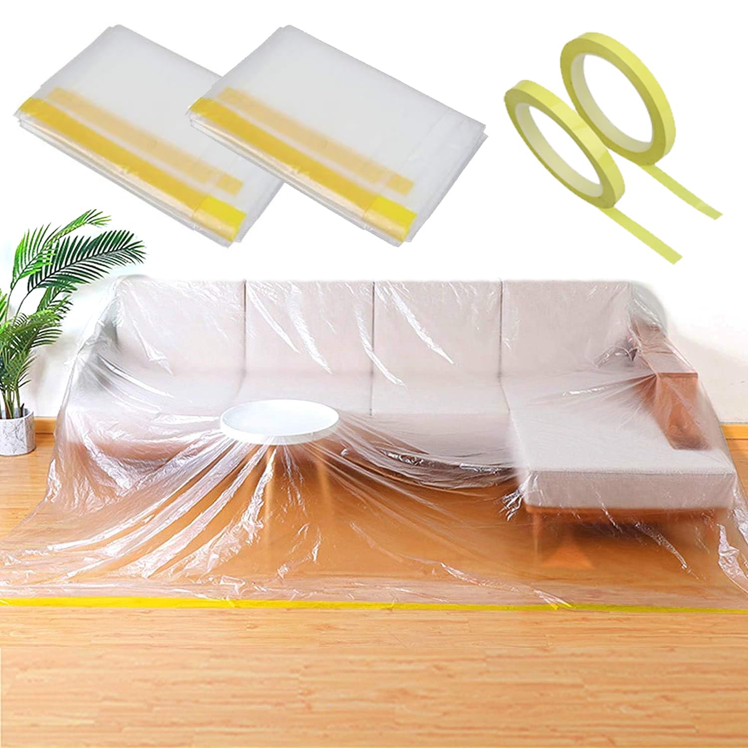 2 Packs 144/12ft Plastic Sofa Couch Cover,Waterproof Plastic Couch Covers for Furniture for Sectional Sofa LShape,Extra Large Be