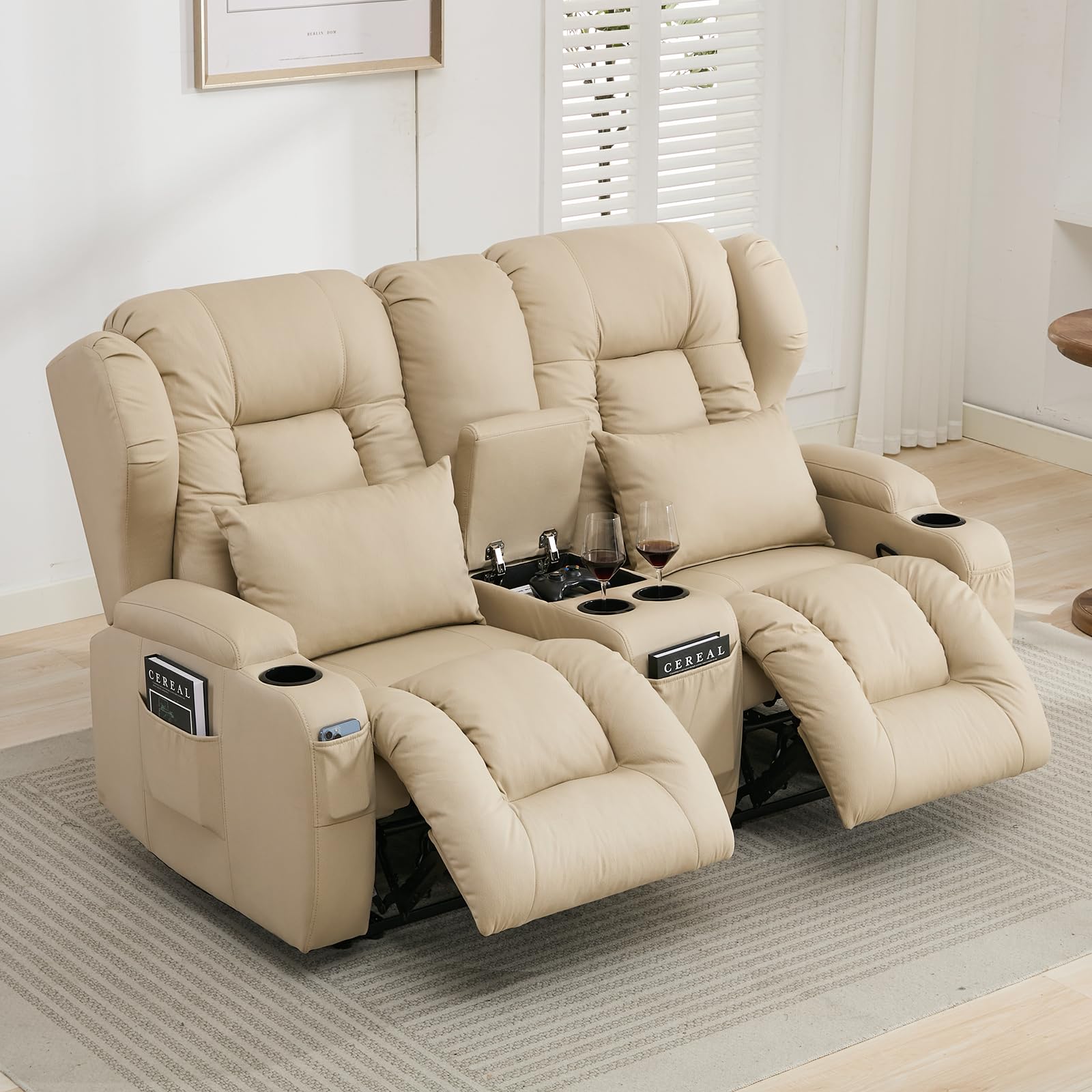 SAMERY 65.5 RV Loveseat Recliner Double Recliner RV Sofa & Console | Wall Hugger Reclining RV | RV Theater Seats | RV Couch | RV