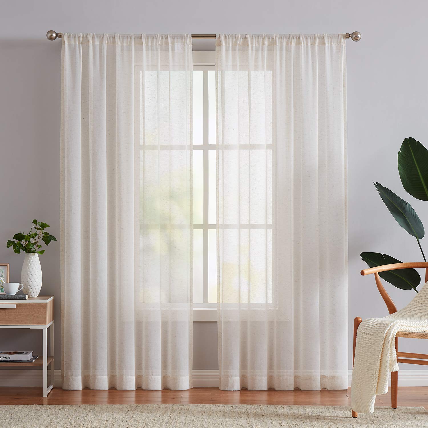 FMFUNCTEX Linen Sheer Curtains for Bedroom, Beige Curtains 72 inches Long for Living Room, Natural Flax Blend Window Draperies f