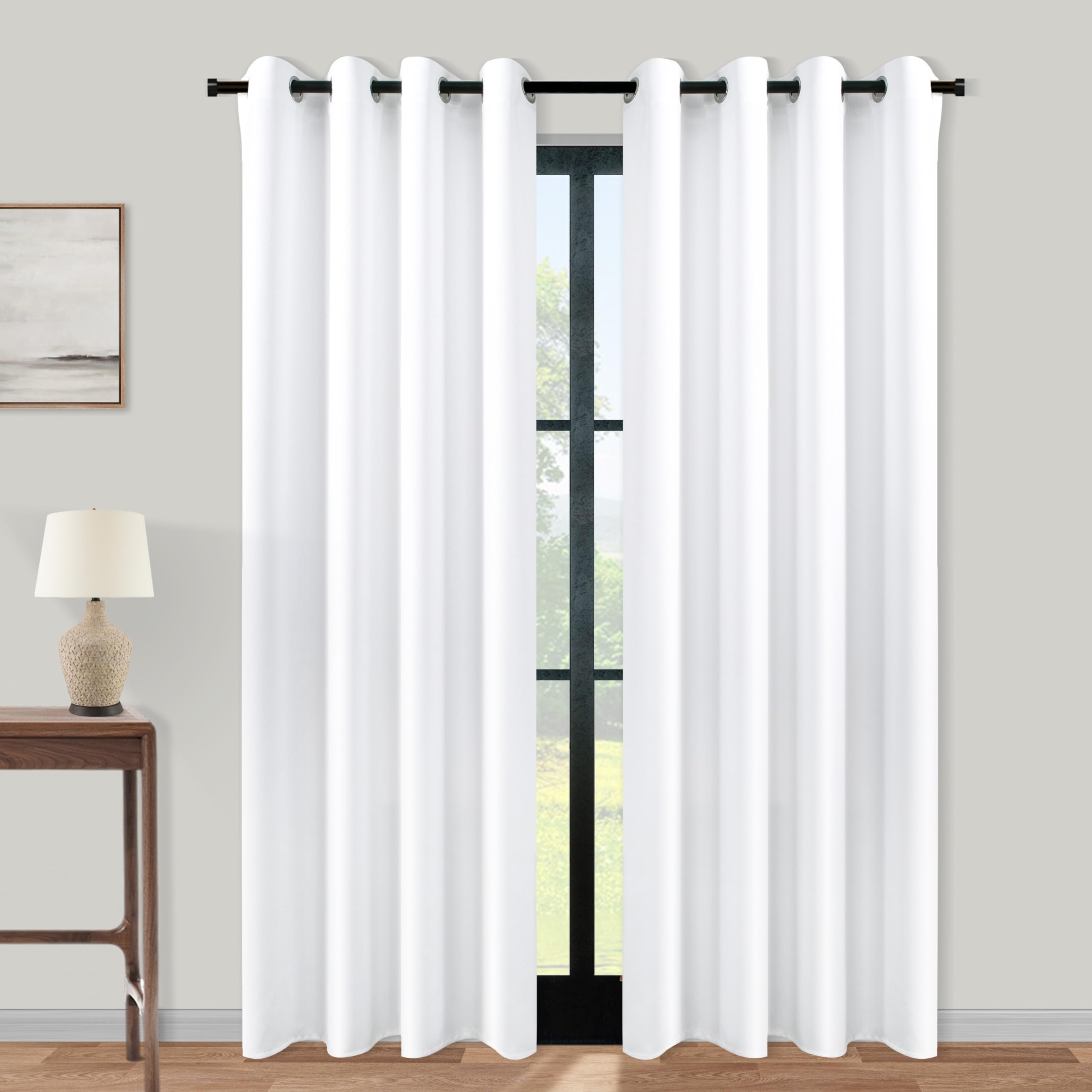 2 Panels Plain White Semi Blackout Curtains 84 Inches Long,Grommet No Non Black Out Privacy Keep Heat Fabric Darkening Thermal W