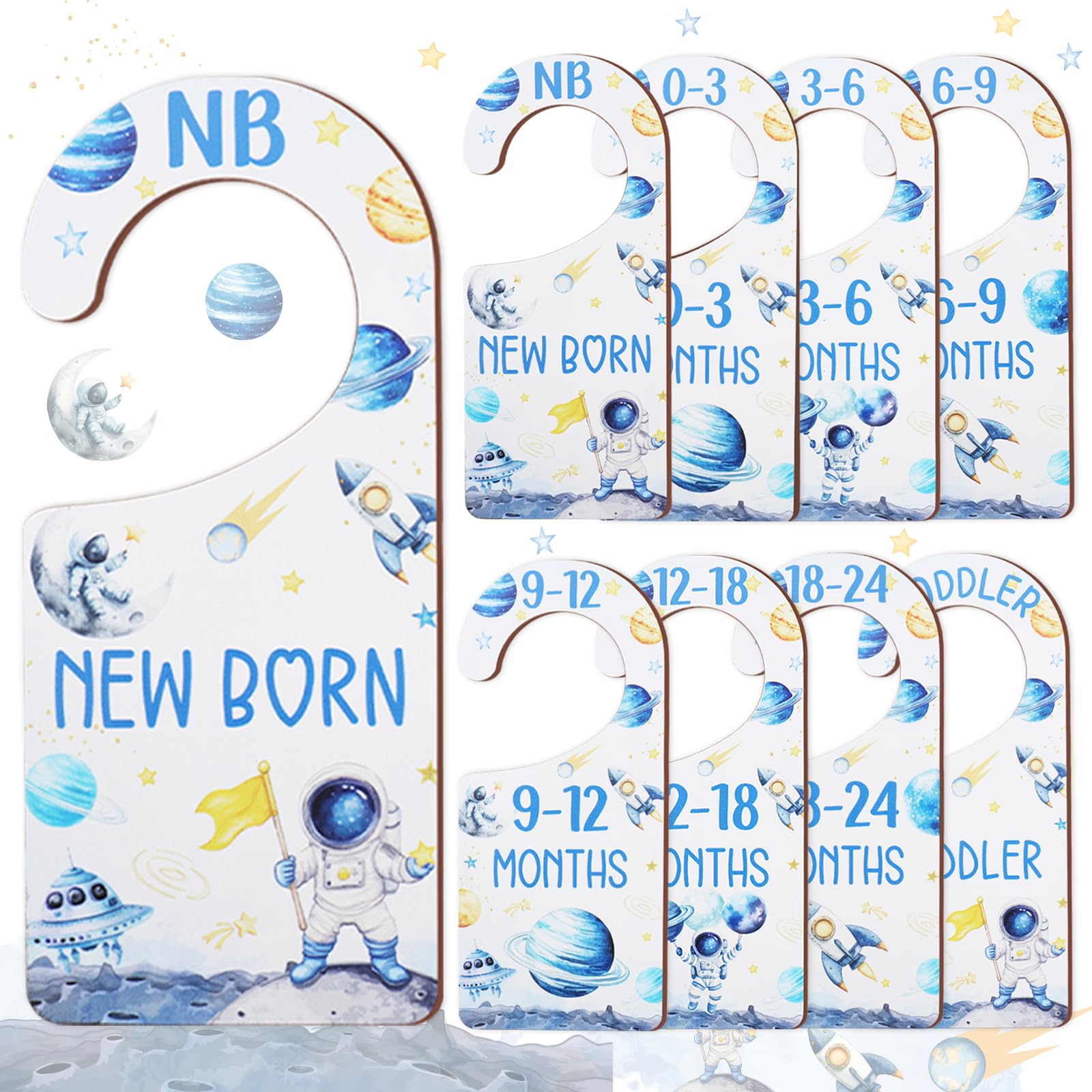 CORNER LACE Baby Closet Dividers 8PCS, Outer Space Themed Wooden Double-Sided Clothes Size Hanger Organizer from Newborn to Todd