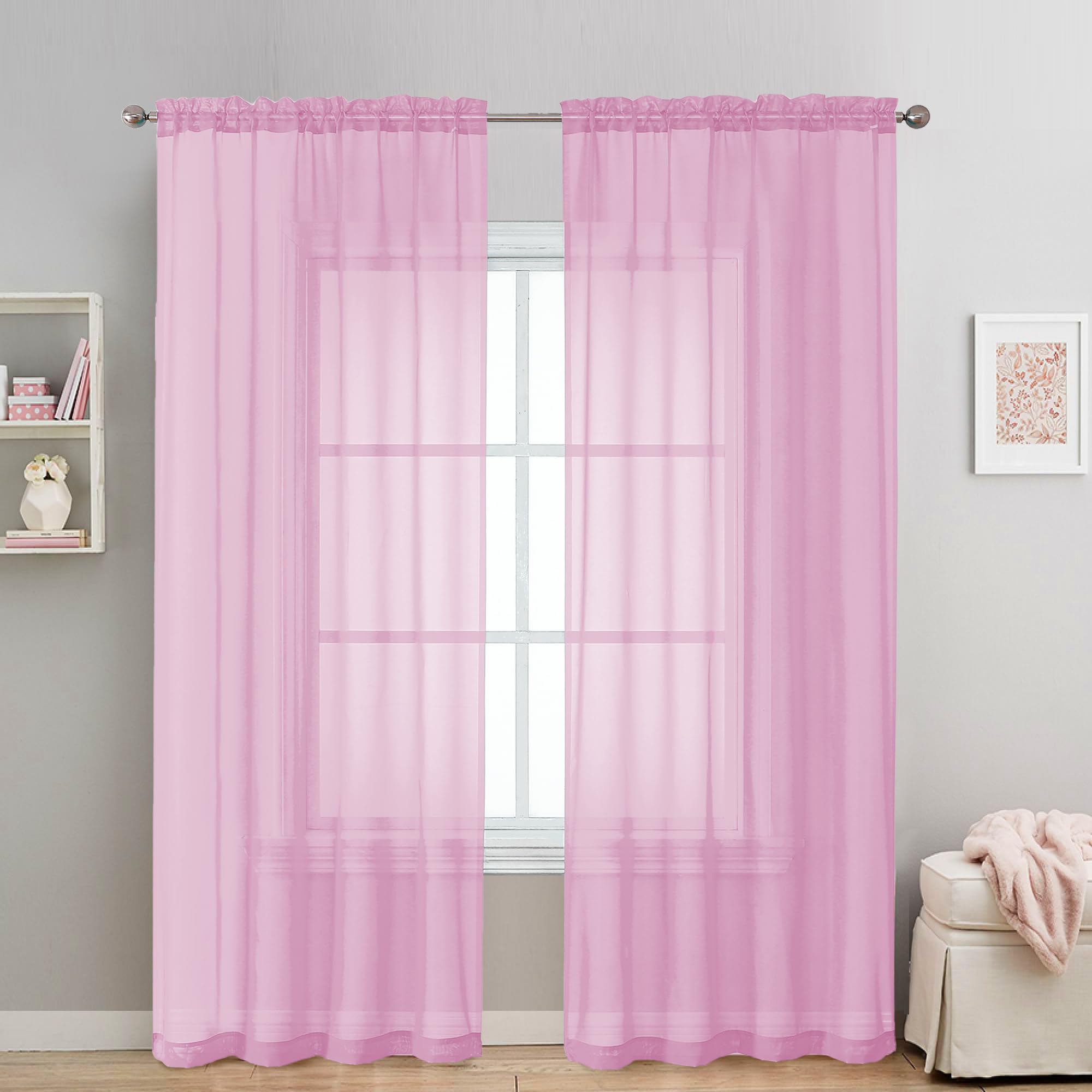 OVZME 2 Pack: Basic Pink Sheer Curtain 84 Inches Long, Light Filtering Sheer Drapes for Living Room Bedroom, Each 42 W x 84 L