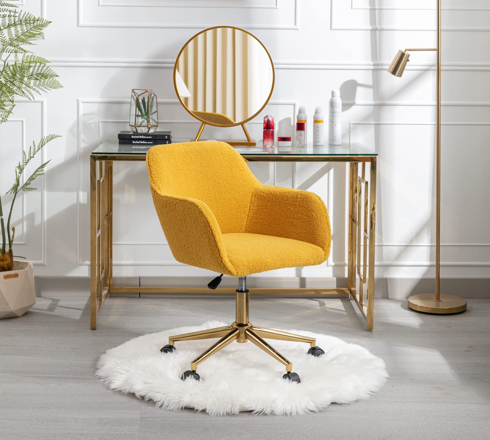 Modern Faux Fur Home Office Chair, Upholstered Swivel Chair Makeup Vanity Chair for Teen Girls Swivel Desk Chair with Gold Base,