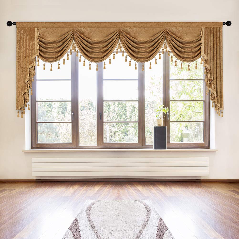 ELKCA Double-Sided Chenille Waterfall Valance for Living Room Bronze Window Curtains Valance for Bedroom (Bronze, W118 Inch, 1 P