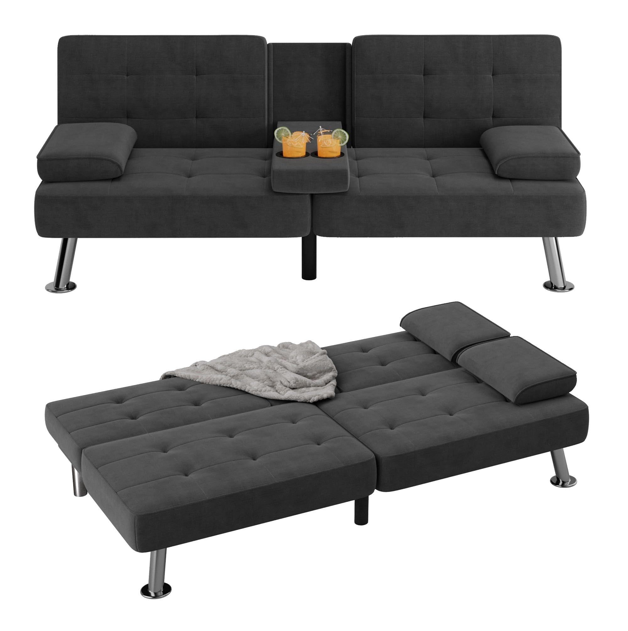 Flamaker Futon Sofa Bed Modern Folding Futon Set Linen Fabric Convertible Recliner Lounge for Living Room with 2 Cup Holders, Re