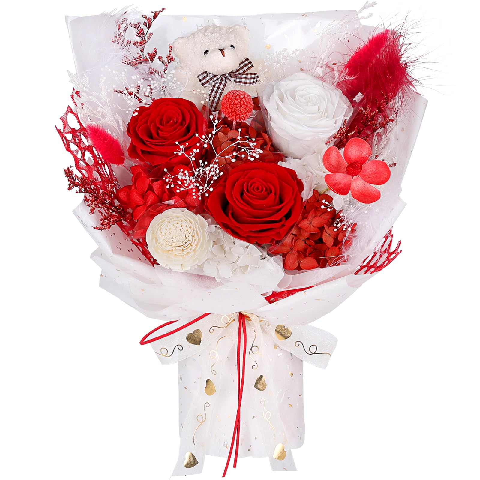 Preserved Flowers Bouquet with Bear, 3 Real Forever Flowers for Delivery, Long-Lasting Red Eteranl Roses Bouquet Birthday Gifts 