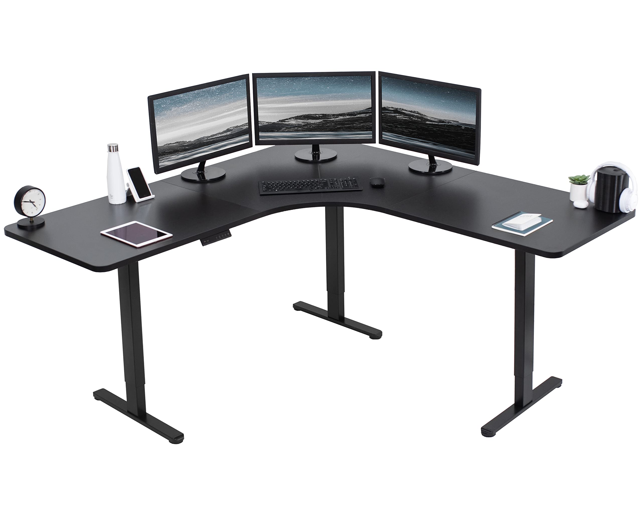 VIVO Electric Height Adjustable 71 x 71 inch Curved Corner Stand Up Desk, Dark Gray Table Top, White Frame, Memory Controller, L