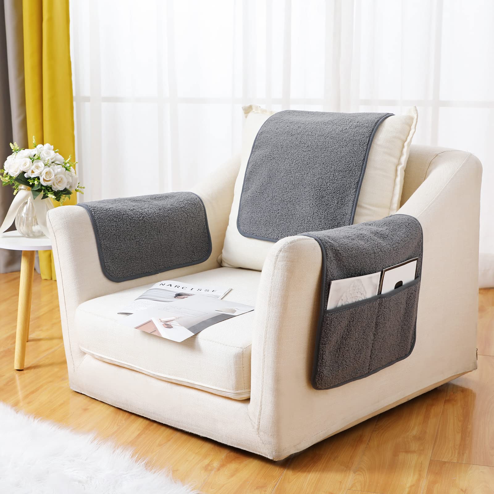 3 Pcs Recliner Covers Sherpa Arm Covers for Recliner Chair with Storage Pockets Headrest Cover for Recliner Chair 22.8 x 14.5 In